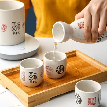 

Japanese style antique sake white wine set ceramic wine pot cup separator bamboo tray Chinese wineware