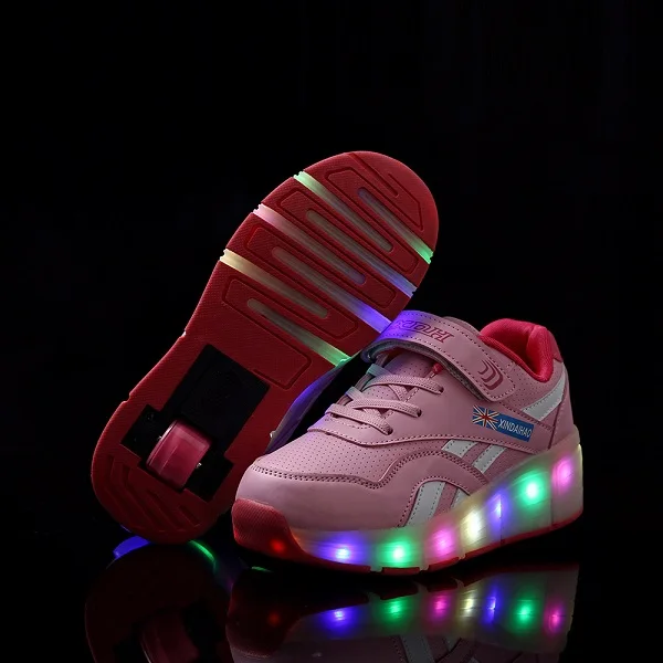 Розовый Heelies usb зарядка светодиодный светильник кроссовки с одним колесом мальчик девочка роликовые коньки повседневная обувь с роликом - Цвет: Розовый
