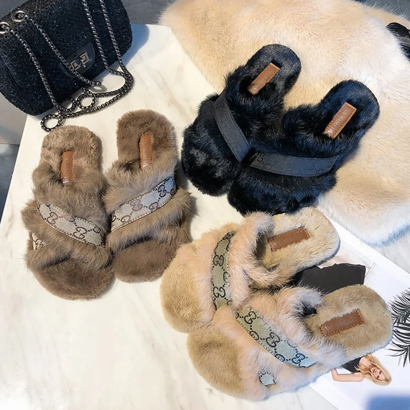 

Winter Shoes Women 2020 Slippers Flat Sweet Home Rabbit Fur Bedroom Woman Indoor Warm Soft Slip On Black Plush Female Slipper