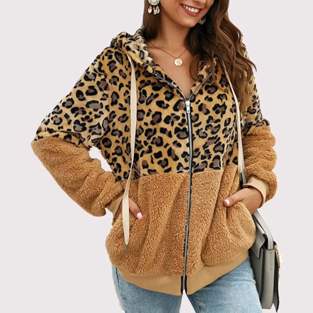 Women Autumn Winter Jackets Leopard Print Color Block Female Jacket Plush Hoodies Sweatshirts Hooded Outwear veste femme manteau мужская hoodies длинные куртки над покрывало теплый случайный капюшоном qip up траншея пальто outwear