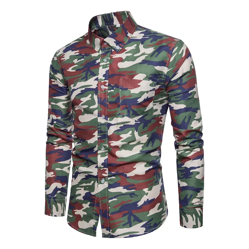 Army green camouflag Поп мужская рубашка с отворотом с длинным рукавом камуфляжная Печать Повседневная Передняя Кнопка для бизнес вечерние Pop 88 - Цвет: Army green camouflag