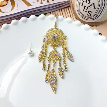 

Gold Dream Catcher Net Zircon Feather Women Long Tassel Drop Earrings Pearl Stud S925 Needle Geometric Bohemia Indian Jewelry