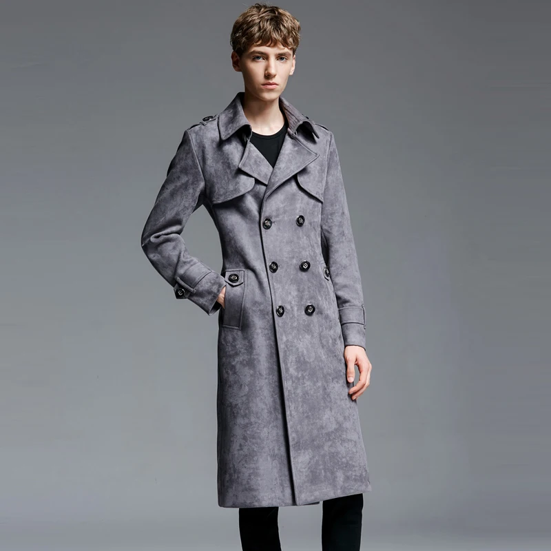

Mens Coats Luxury Double Breasted Adjustable Waist Men's Windbreakers Plus Size 6xl Suede Fabric Men Long Overcoat