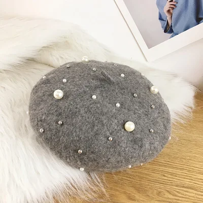 Flaxen Grey Корейский стиль, модная женская Повседневная шапка с заклепками и жемчугом, осенняя и зимняя шерстяная одежда, берет, Одноцветный Универсальный Wi - Цвет: Flaxen Grey