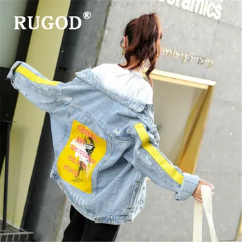 

RUGOD 2019 Autumn Winter New Style Blue Shredded Printed Jacket Plus Size Fashion Demin Jacket Women Kpop Clothes