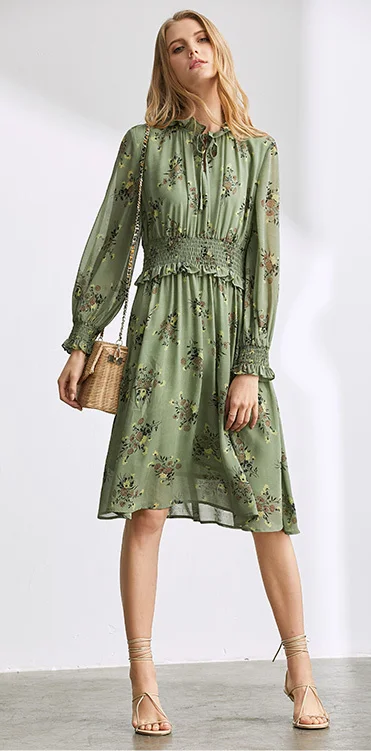 

Amii Minimalist French Smoked Platycodon Dress Female Summer 2019 Avocado Green Band Printed Chiffon Skirt
