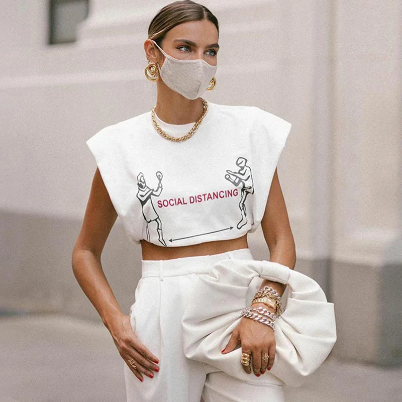 T camisa para meninas pulôver ombro almofada colete novo impresso feminino 2021 primavera e verão em torno do pescoço moda esportes estilo casual t