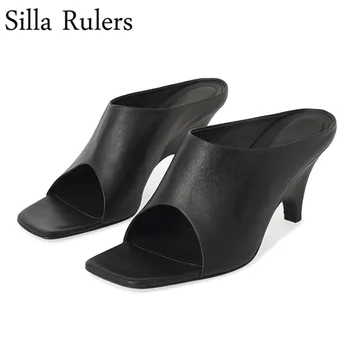 

2020 New Summer Square Toe Mules Woman Genuine Leather Open Toe Chunky Heels Slippers Woman Shallow One Strap Summer Shoes Woman