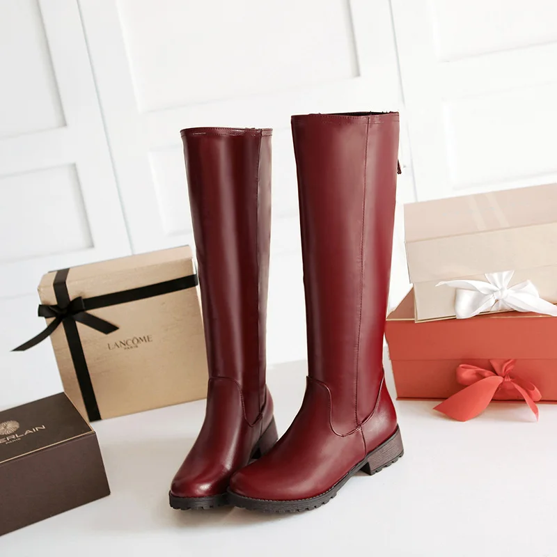 2 Wear Women Shoes Winter Riding Boots Square Heel Western Boots Zipper Med Heel Knee High Boots Ladies New Red Plus Size 34-47