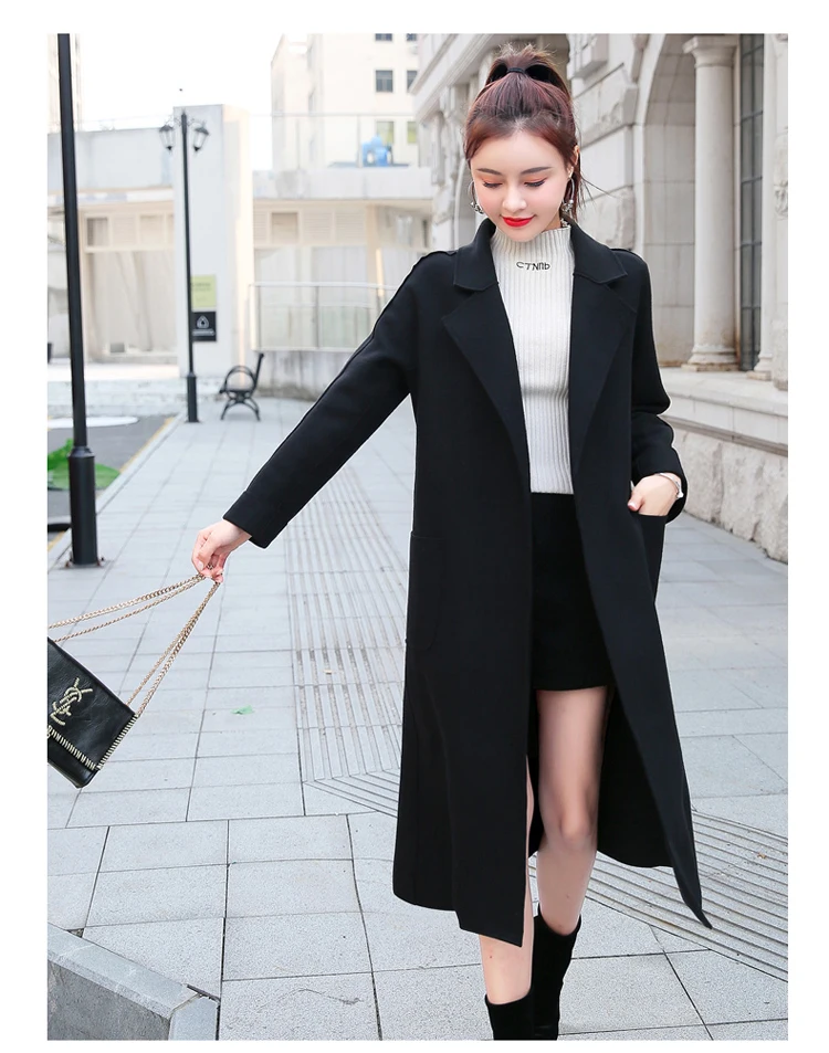 YuooMuoo хорошее качество удобное длинное женское пальто зимнее элегантное бежевое черное шерстяное пальто с поясом Дамский бандажный кардиган пальто