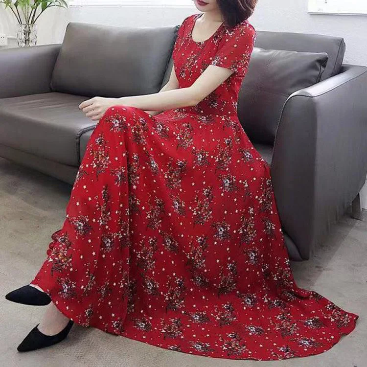 

Explosion Summer New Style Korean-style Big Hemline Printed Medium-length Dress Elegant Slimming Large Size Waist Hugging Floral