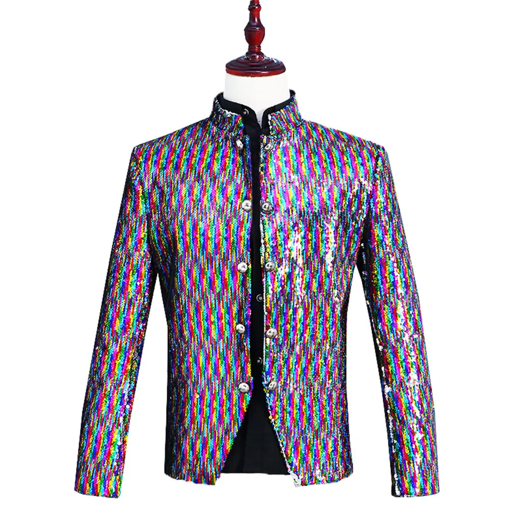 Men's Fashion Sequin Costumes Suit Jacket Stand Collar Nightclub Costumes Tops Blazers Single button For Men Stylish Suit 9.21
