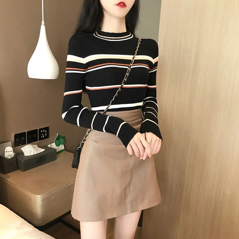 

Women Casual Soft Autumn Turtleneck Sweaters Female Striped Knitted Tops