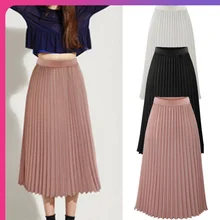 Готическая Женская юбка, Женская однотонная плиссированная элегантная миди длинная юбка макси с эластичной талией, черная элегантная Офисная Женская юбка#281126