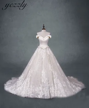 

Gorgeous Off-shoulder Long Lace Satin Wedding Dresses 2019 Ball Gown Puffy Bride Dresses Chapel Train Abito Da Sposa RW427