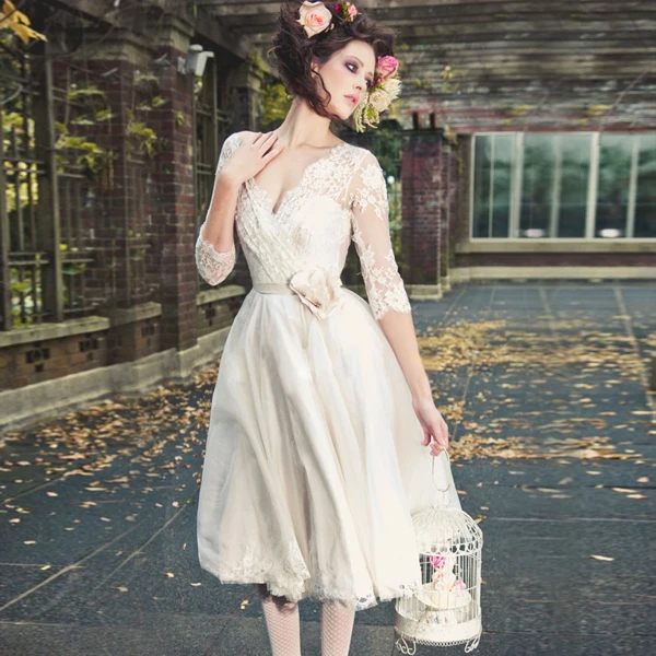 Vestido de noiva, короткие винтажные рукава, casamento, Новое поступление, ручная работа,, кружевные дешевые платья подружки невесты с v-образным вырезом