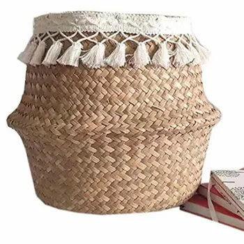 

Flower Basket Fringed Hand-woven Seagrass Basket Creative Household Items Folding Beautiful Straw Flower Basket
