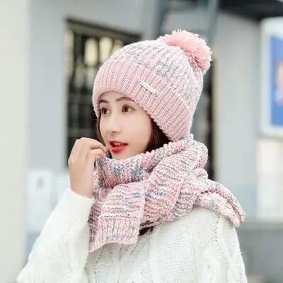 pink Женский зимний комплект с шарфом и шапкой, зимняя теплая вязаная шапочка с помпоном дамская шляпа без полей, шарф, комплект, шапка и шарф, зимний комплект - Цвет: pink