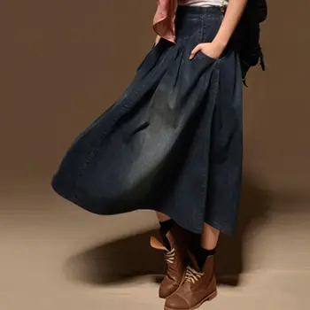 

New Long Skirts Womens Saia Elegant Casual Denim High Waist Skirt Female Faldas Elastic Loose A-Line Skirts Womens Clothes Q2641