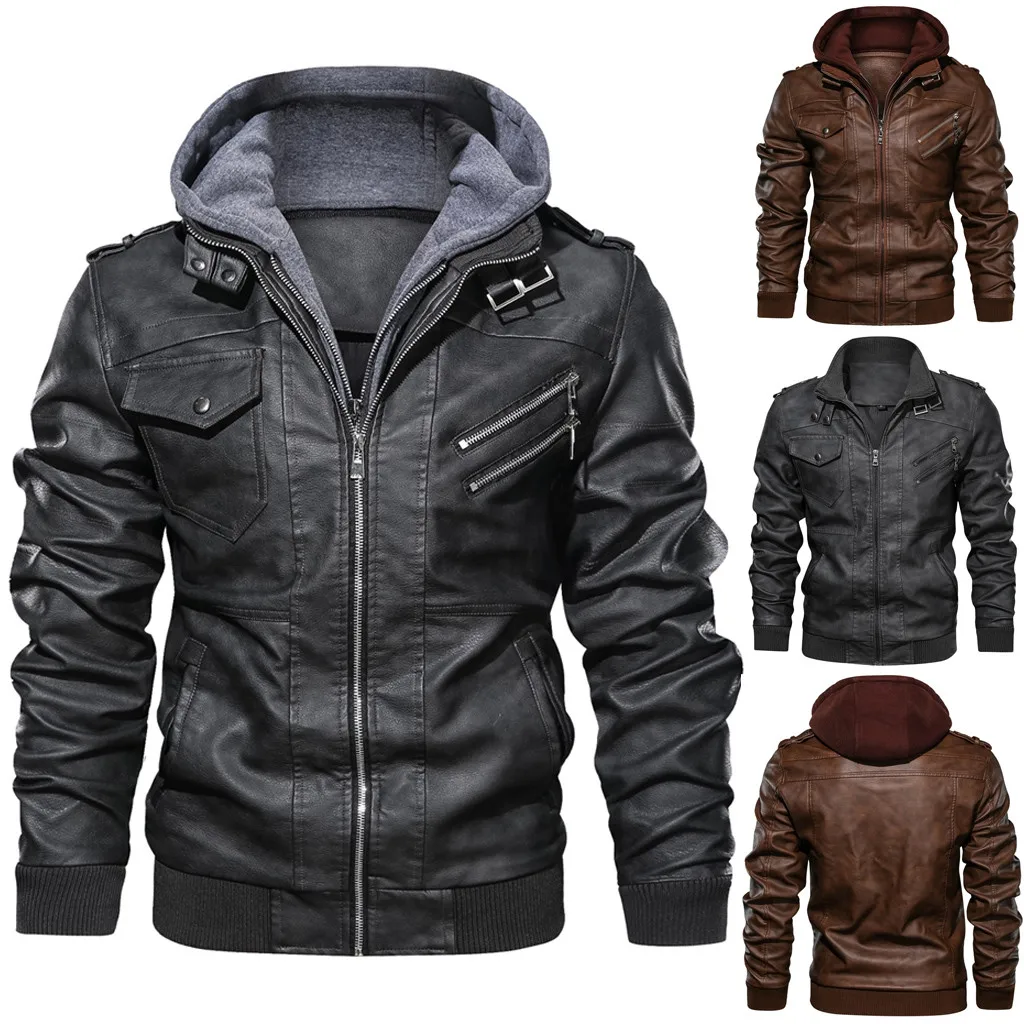 

Men's brand Imitation Leather Coat Hoodie Hat Detachable Pure Color jackets jaqueta de couro masculina mens leather coats