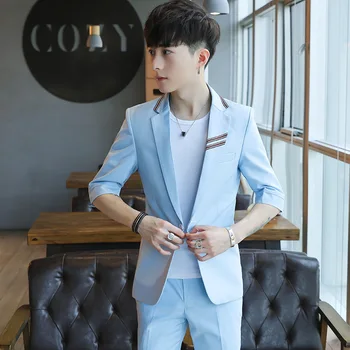 

Men Suit Suit Half Sleeve Trend Teenagers Personality Suit Two-piece Set England Middle Sleeve Thin Section One Set Clothes