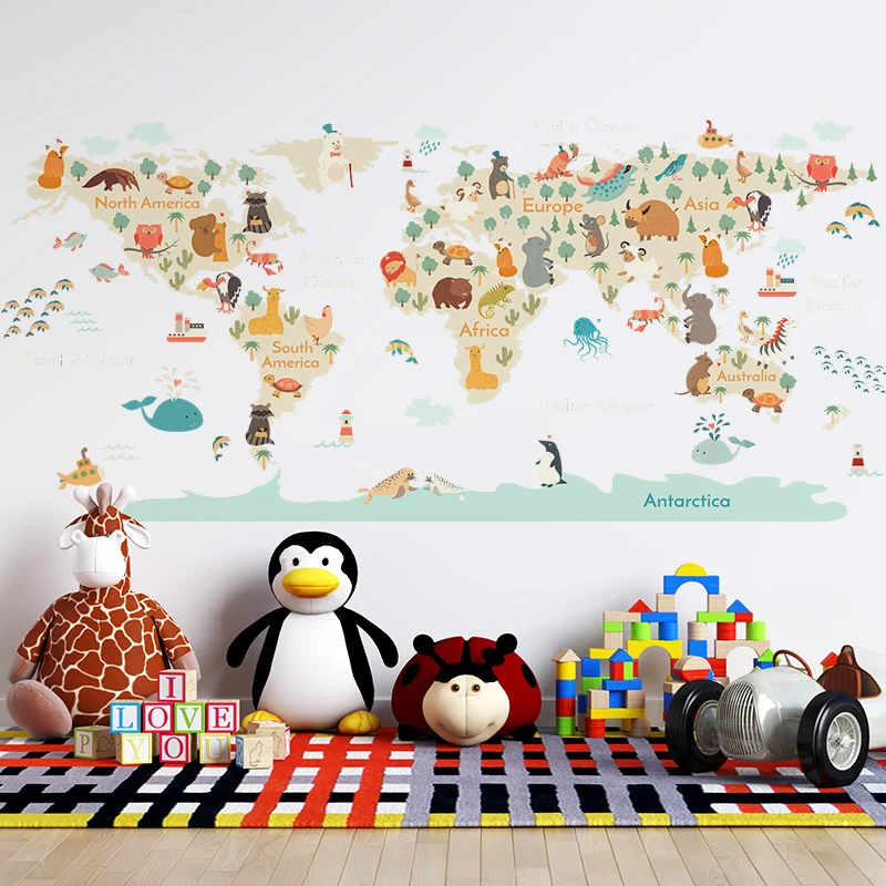 CartoonAnimalsMapWallStickersforKidsroomBedroomKindergarten