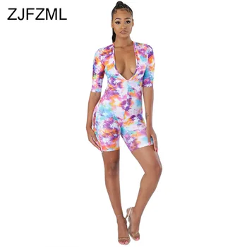 

Sexy Colorful Tie Dye Print Bodysuit For Women Deep V Neck Short Sleeve Skinny Jumpsuit Summer One Piece Bodycon Short Playsuit