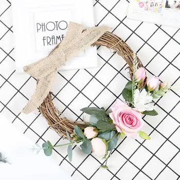 

Burlap Knot Rose Flower Wreath Valentine's Day Wedding Home Camellia Decoration Handmade Rattan Ring Spring Fresh Decoration