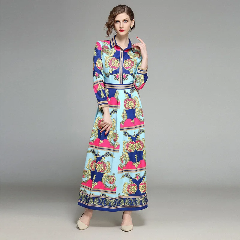 

7215 # Europe And America Fashion Waist Hugging Slimming Slim Fit Versatile Positioning Floral Printed Dress