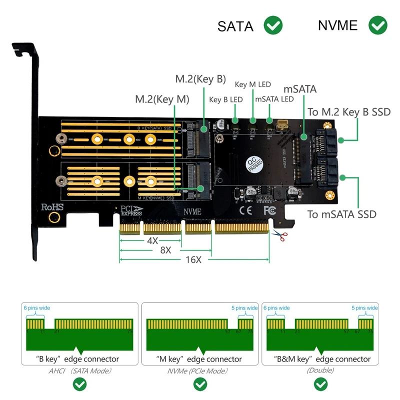 3 в 1 PCI-E 4X к SATA SSD M.2 NGFF NVME и SATA3 адаптер конвертер карта с кабелем