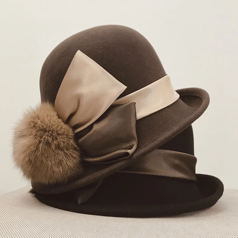 

Women Solid Color Winter Hat 100% Wool Cloche Bucket Hats with Pom Pom Bow Accent Ladies Vintage Dress Church Hat Wedding Bowler