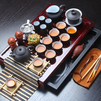 

Gran oferta juego de te de ceramica Kung Fu Yixing, bandeja de te de madera maciza, juego de te de 27 piezas, ceremonia de te