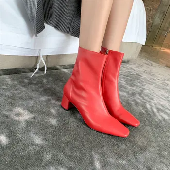 

Genuine Leather Women Square Toe High Heels Ankle Boots Fashion Night Club Shoes Woman Warm Winter Motorcycle Boots for Women