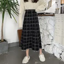 

Spring Women Skirt Knitted Long skirts A-line Black Korean style Fashion Casual plaid long skirt female