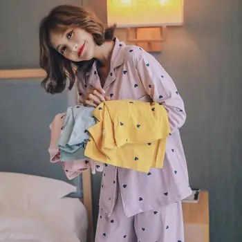

2020 New Spring Women Cotton Pajamas Set Love Print Casual Cardigan Pyjamas Two Pieces Top+Pant Sleepwear Femme Home Clothes