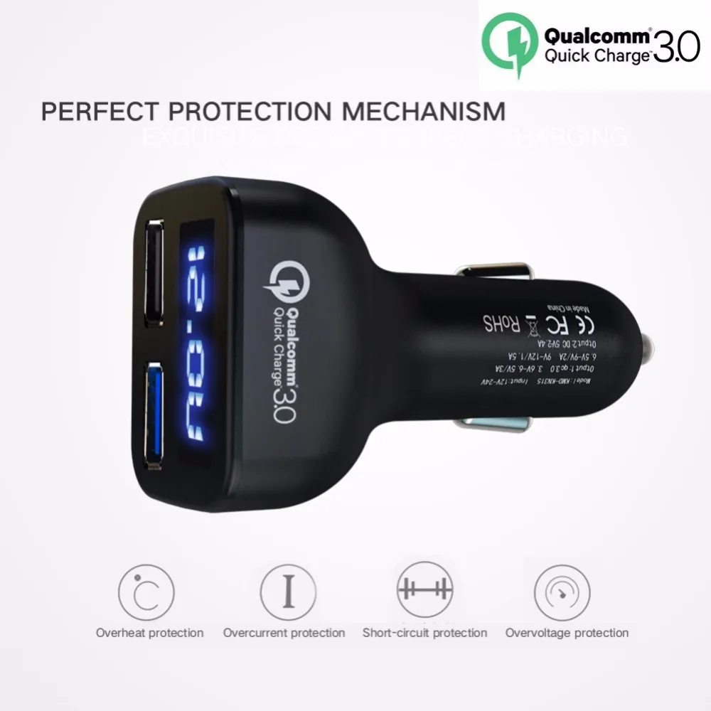 Двойное автомобильное usb-устройство для зарядки телефона светодиодный цифровой дисплей автомобильное зарядное устройство PC ABS Быстрая зарядка для Iphone huawei samsung
