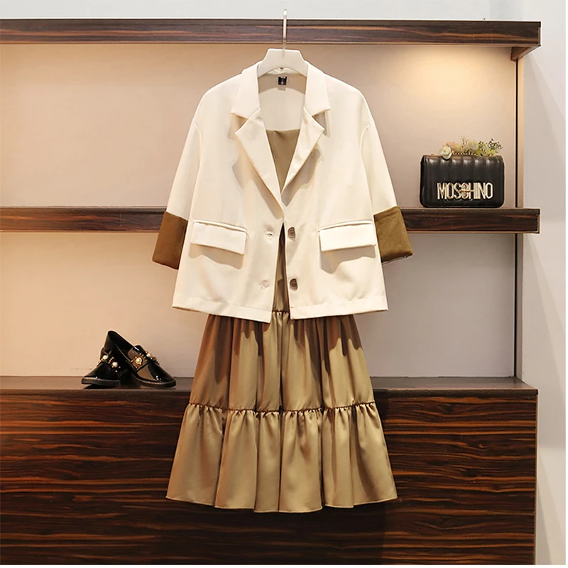 Han edition spring 2 piece L-4XL Loose Patchwork Blazer jacket coat + Khaki Pleated Stitch Temperament Vest Dress | Женская одежда