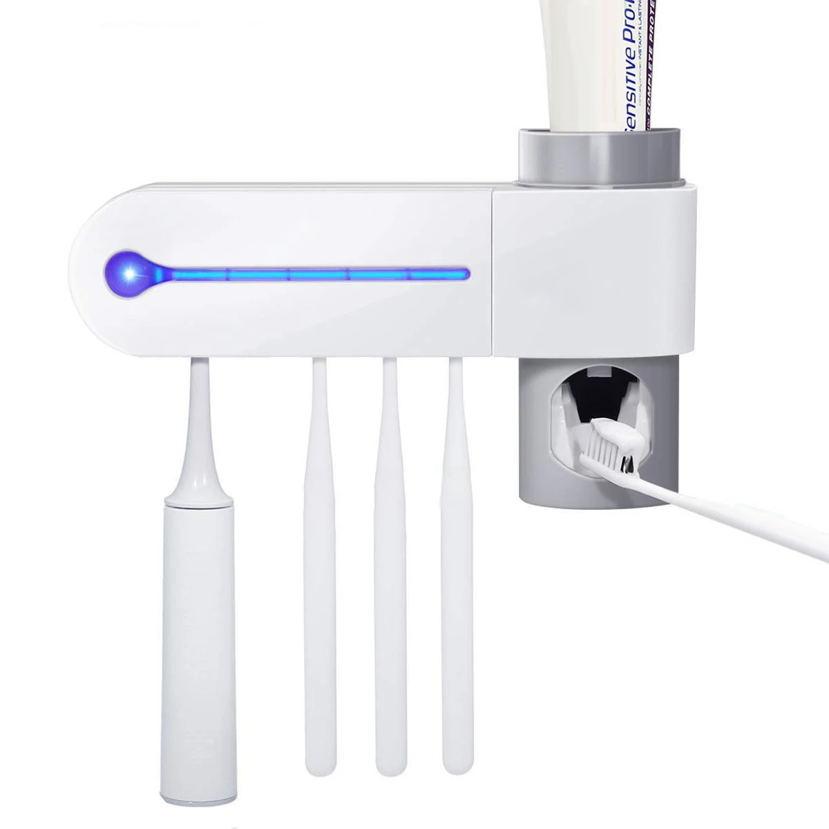 

UV Sterilizing Toothbrush Holder Toothpaste Dispenser Kit 5 Slots Wall Mounted Toothbrushes Holders With Charge Cable UV Lights