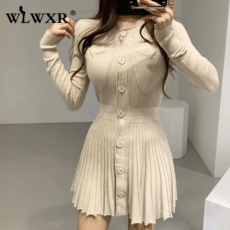 Apricot WLWXR осенне-зимнее трикотажное женское платье с оборками, сексуальное мини-платье с длинным рукавом розового и черного цветов, короткие женские платья Vestidos - Цвет: Apricot