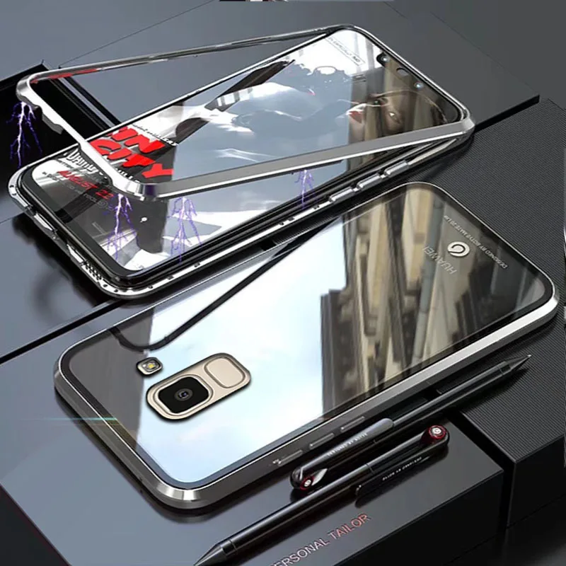 Silver Чехол YonLinTan Coque для samsung galaxy J6 plus J6Plus J 6, Металлическая магнитная рамка, жесткое закаленное стекло, задняя крышка для телефона - Цвет: Silver