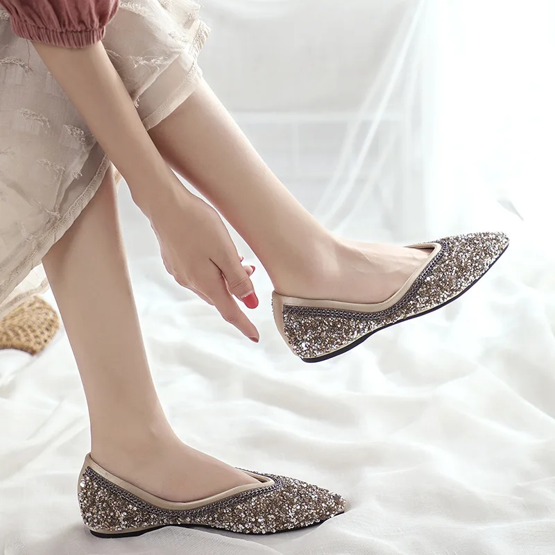 Luxury 2020 New Women Shoes Ballet Flats Boat Shoes Bling Pointed Toe Solid Slip-On Zapatos De Mujer Ladies Shoes High Quality