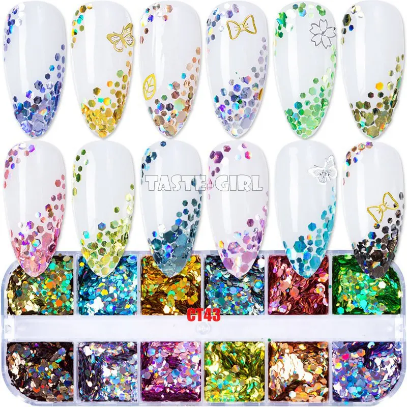 

12 Grids/Box Mix Super Glitter Holographic Laser Hexagon Sequins Various Pop Sequins Nail Art Slice Decoration Manicure DIY Set