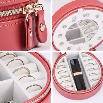 

Portable Round Jewelry Box Faux Leather Jewellery Earrings Display Organizer