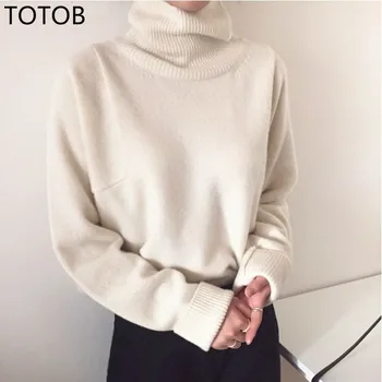 

TOTOB New 2019 Women's Autumn Winter Sweaters Pullover Turtleneck Solid Minimalist Elegant Office Lady Loose Tops