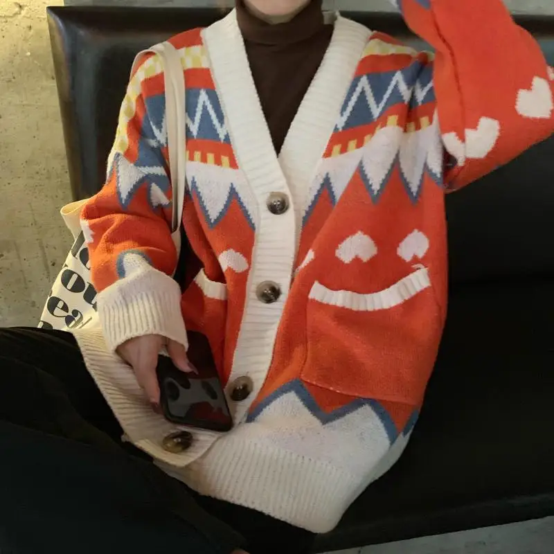 

2020 Autumn Winter Casual Loose Korean Chic Female Knitting Cardigan Women Elegant V-Neck Geometric All-Match Sweater Coat