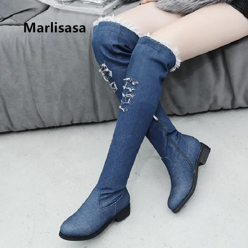 Bottes Femmes Chaussures Femmes Для женщин Модный небесно-голубой высокое качество полусапожки визуально увеличивающие рост; Модные женские босоножки темно-синие джинсы Высокие зимние сапоги G6095