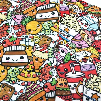 

145cm Width Cartoon Popcorn and Pizza Printed Canvas Fabric For Cushion Cover/Diy Handbag/Slipcover DIY Sewing