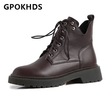 

GPOKHDS 2021 women Ankle boots Cow leather Winter short plush Round Toe Metal Decoration Med heels female Riding boots size 40