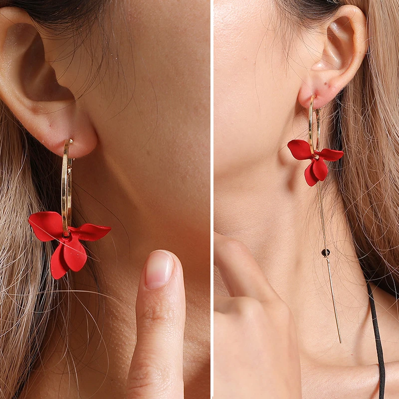

Trendy Flower Women Dangle Earrings Golden Big Circle Three Color Spray Paint Asymmetrical Earrings For Women Drops Earrings