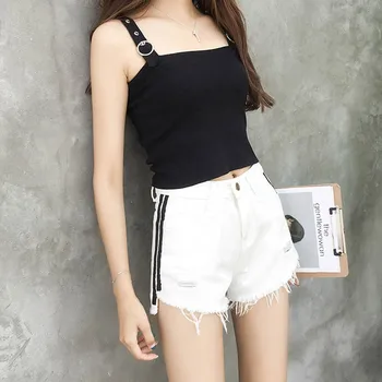 

Women High Waist Denim Shorts Summer Side Stripe Shorts Thin And Hole Denim Shorts